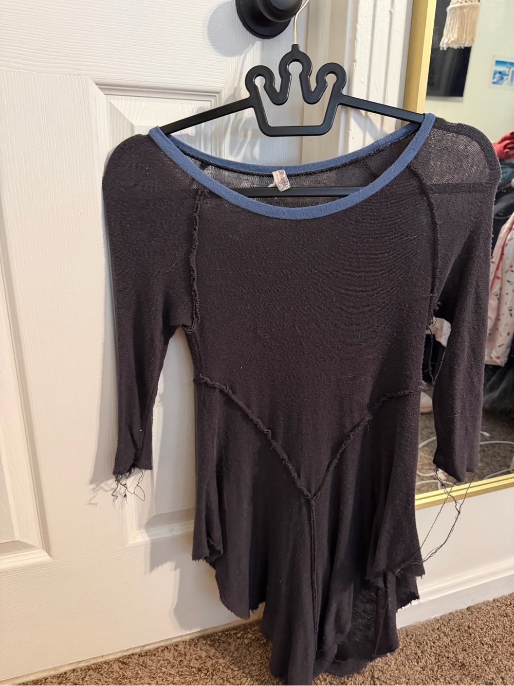 Free People Black Long Sleeve Scoop Neck Top with Blue Trim